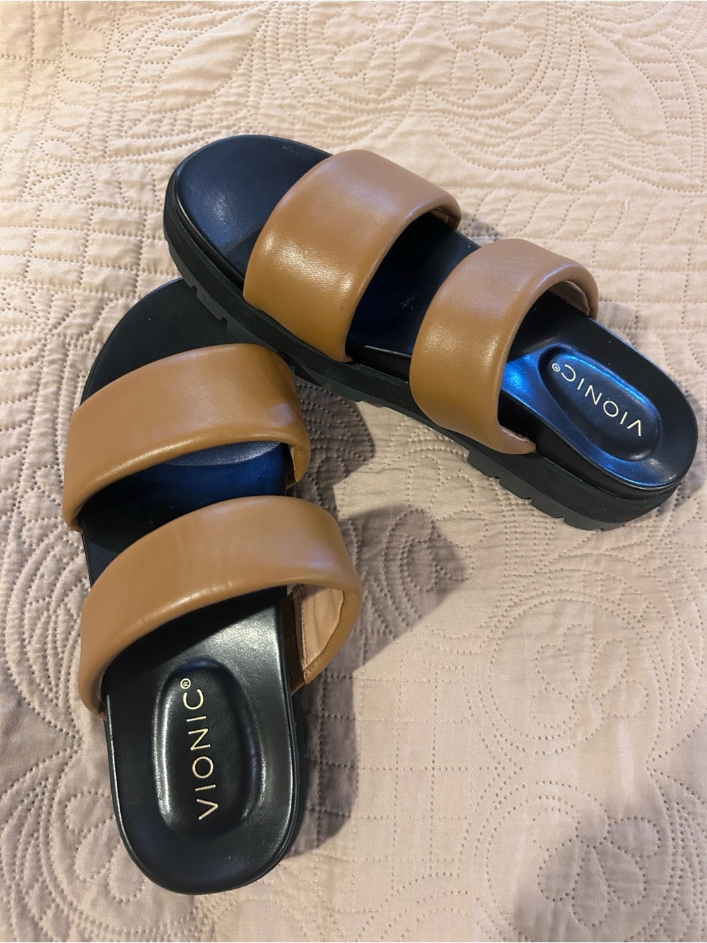 Vionic Modesto Tan Double-Strap Slide Sandals
